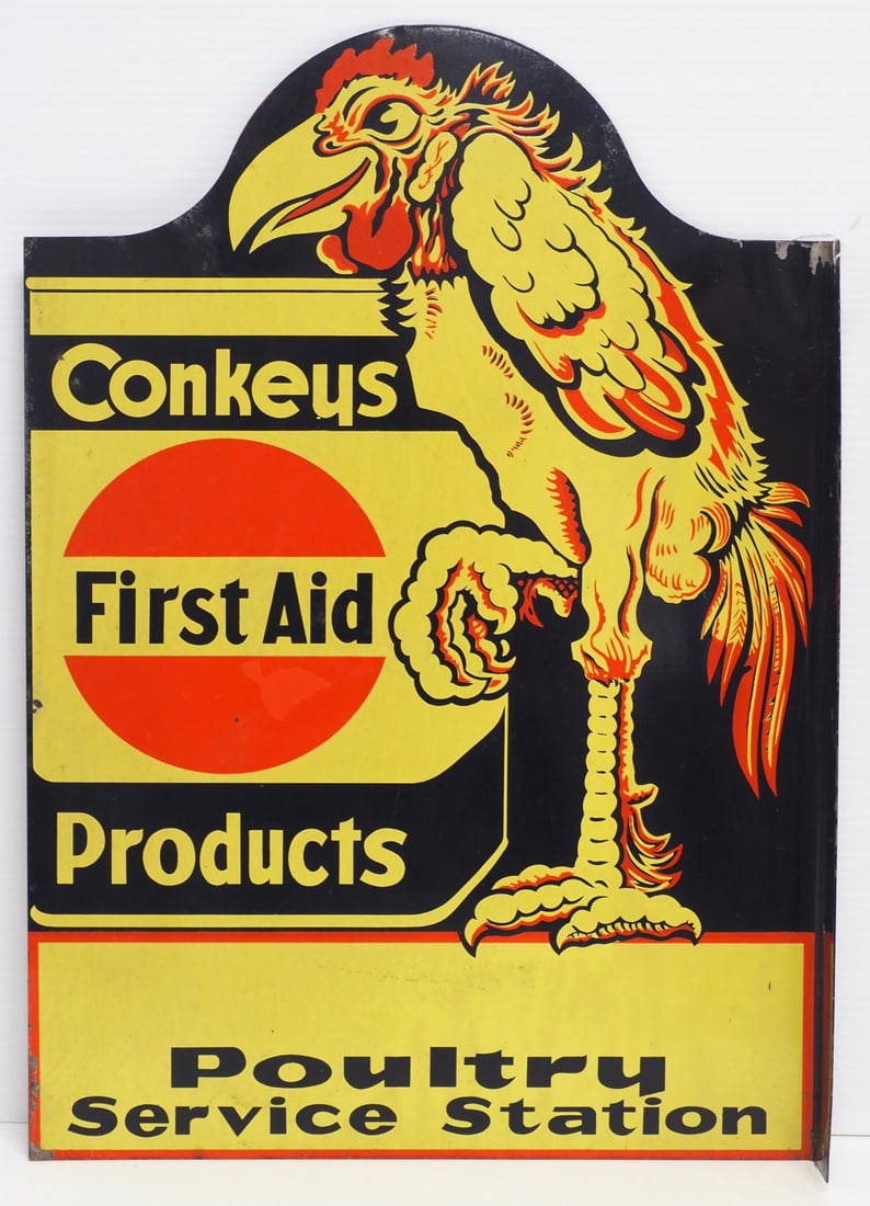 Conkeys First Aid Products sign: 14.25"x20"H DST flanged Conkeys First Aid Products, Poultry Service Station sign - Very Good Condition Very Good