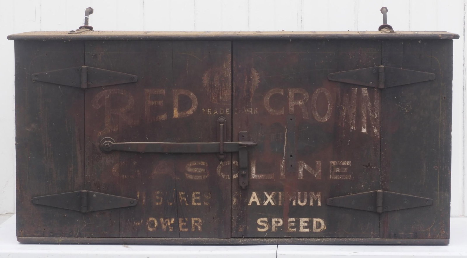 Standard Red Crown wagon oil storage box: Wooden storage box for the back of an oil wagon with stenciling for Standard Red Crown Gasoline and Mica Axle Grease, 51"W x 16"D x 24"H - Good, piece of wood on top right of box