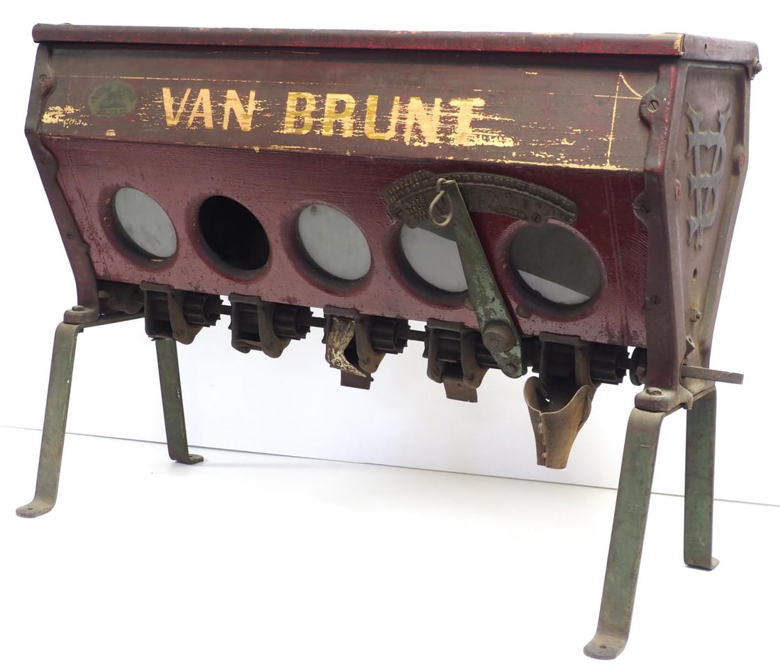 John Deere Van Brunt seed display planter box: John Deere Van Brunt seed display planter box/dispenser, with original John Deere label and some original paint, 36"W x 27"H x 13"D - Good, 1 glass missing * * NOT ELIGIBLE FOR IN-HOUSE SHIPPING.