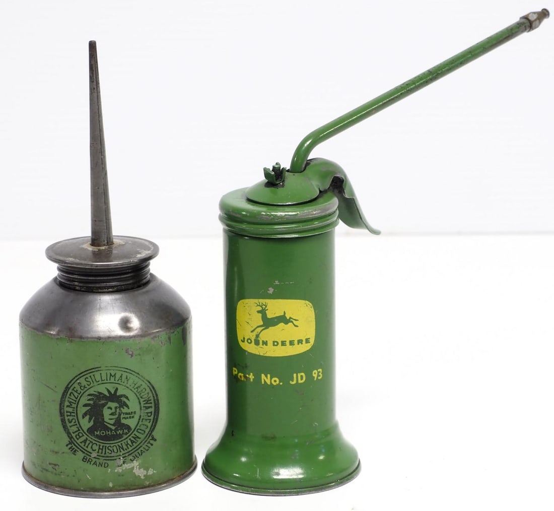 (2) Oilers: (2) Oilers: John Deere No. JD 93 hand pump / Blish.mize Silliman Hardware with Mohawk Indian graphic