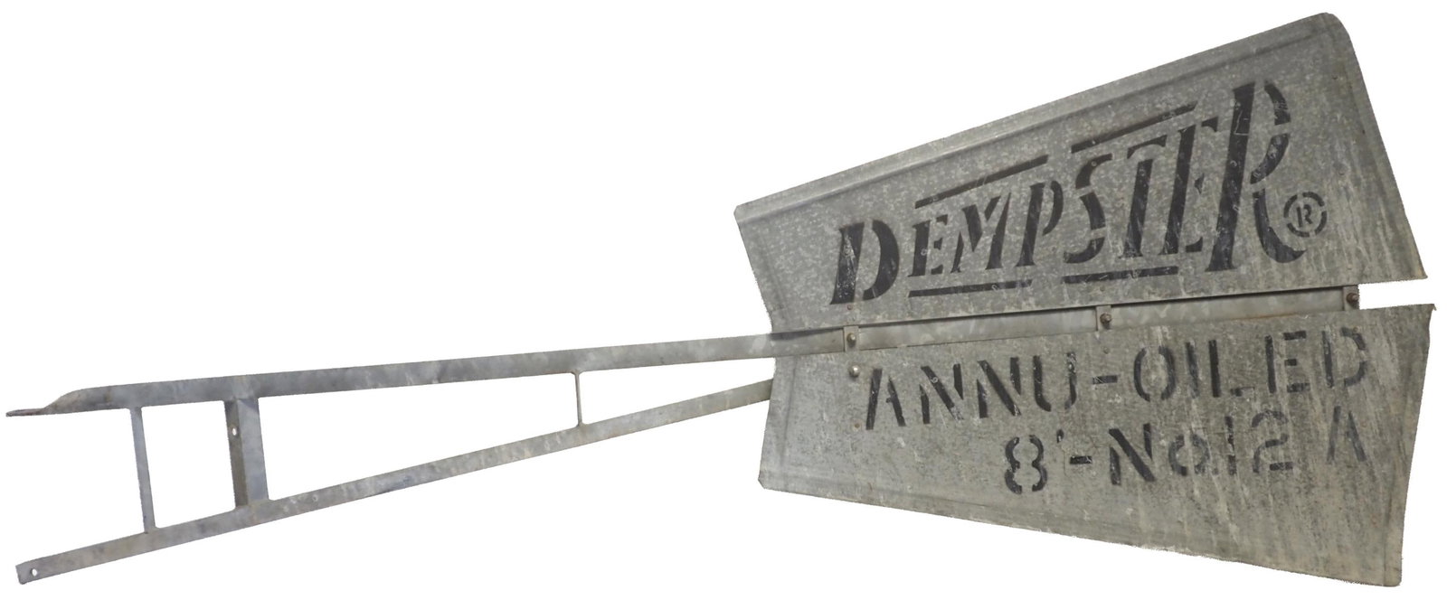 Dempster galvanized metal windmill tail: Dempster galvanized metal windmill tail, 89"L x 37.5"H * * NOT ELIGIBLE FOR IN-HOUSE SHIPPING. Please contact the auction house for transport options and additional details. Items must be picked up wi