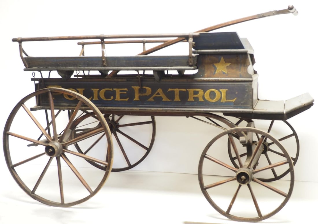 Police Patrol wooden child's pull-type wagon WOW!: Police Patrol wooden child's pull-type wagon with side seats in back and rear step, great original paint! WOW! 56"L without handle - footboard has been repaired, some older paint touch-up * * NOT