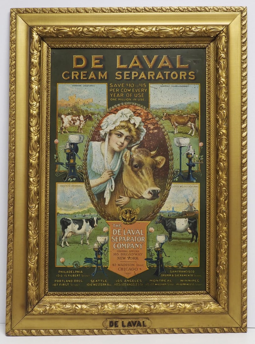 DeLaval Cream Separator green sign: 30"x41" SST DeLaval Cream Separator green sign in wood DeLaval frame, with TAC - Good with some rust specks Condition Good with some rust specks