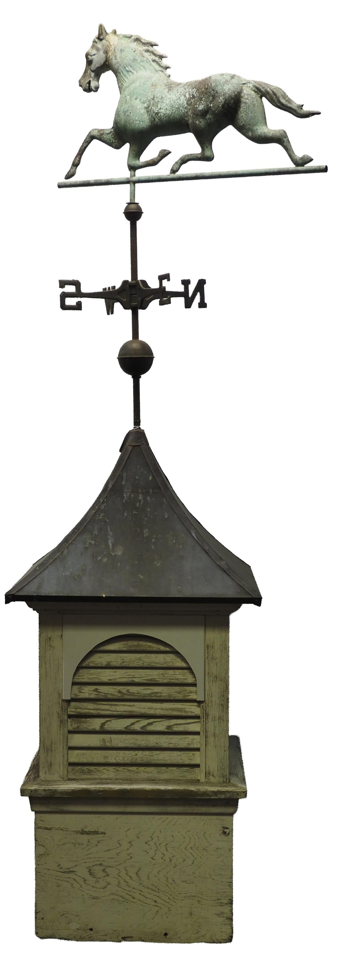 Wooden vented barn cupola with copper roof: Wooden vented barn cupola with copper roof and copper full-body running horse weathervane with cast iron head and brass directionals,overall 100"H, horse measures 32"L - arches on cupola are replaced