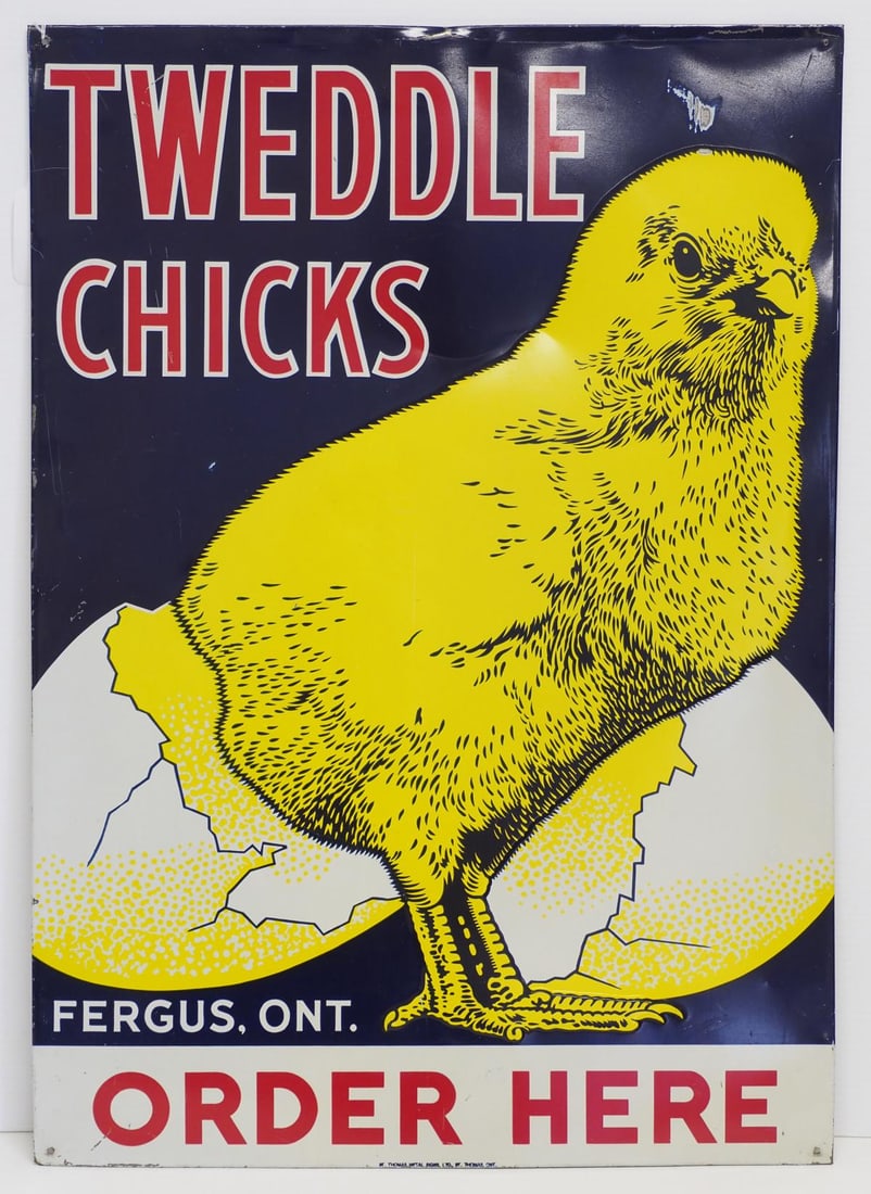 Tweddle Chicks sign: 19.5"x27.5" DST Tweddle Chicks sign with 2 different advertising sides, marked Fergus, Ont. - Great with some scratches Condition Great with some scratches