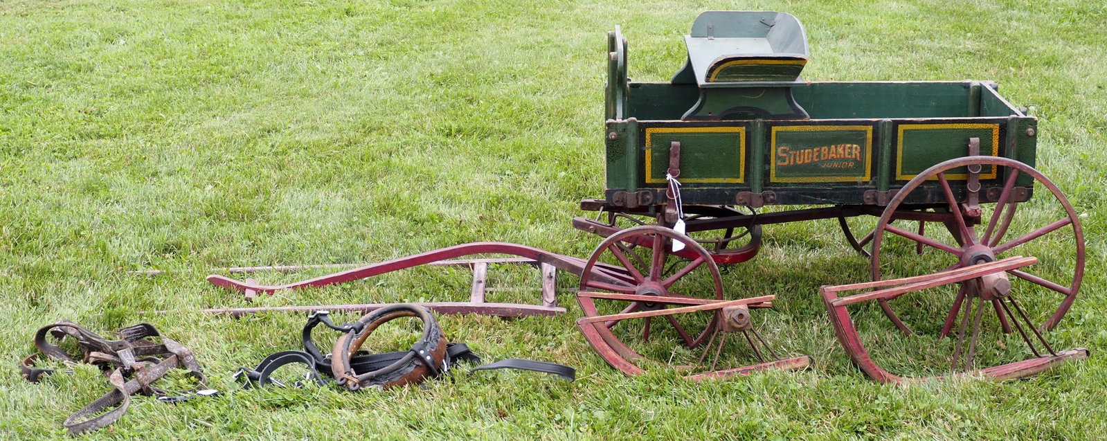 Studebaker Jr goat wagon - WOW!: Studebaker Jr goat wagon with Studebaker Jr seat, sleigh runners, shafts, pull handle and leather goat harness, WOW! Sells all together! * * NOT ELIGIBLE FOR IN-HOUSE SHIPPING. Please contact the