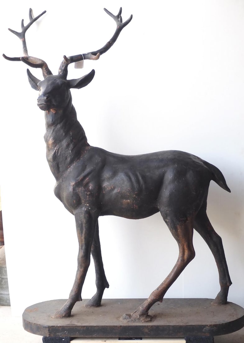Cast iron stag statue on base: Cast iron stag statue on base, possibly from John Deere dealership! 58"H x 36"L * * NOT ELIGIBLE FOR IN-HOUSE SHIPPING. Please contact the auction house for transport options and additional details.