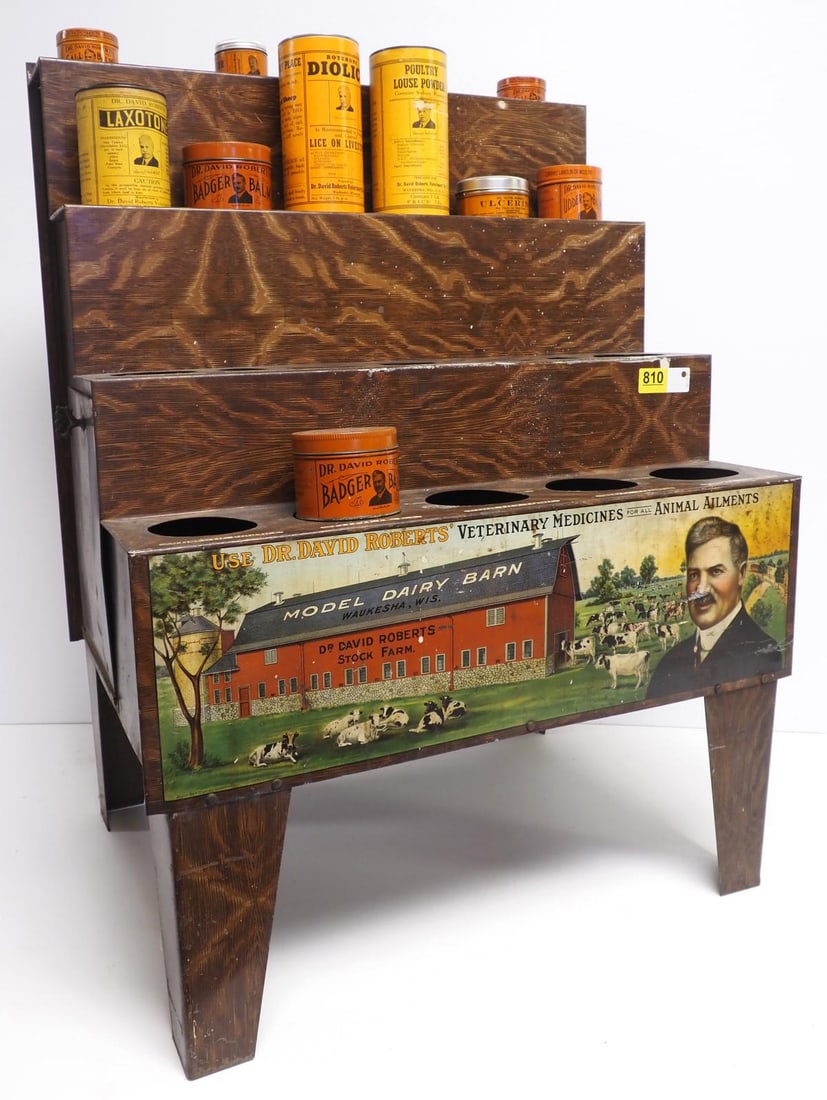 Dr David Roberts product cabinet/display stand: Dr David Roberts Veterinary Medicines tin product cabinet/display stand with some product, 25"x19"x34"H * * NOT ELIGIBLE FOR IN-HOUSE SHIPPING. Please contact the auction house for transport options