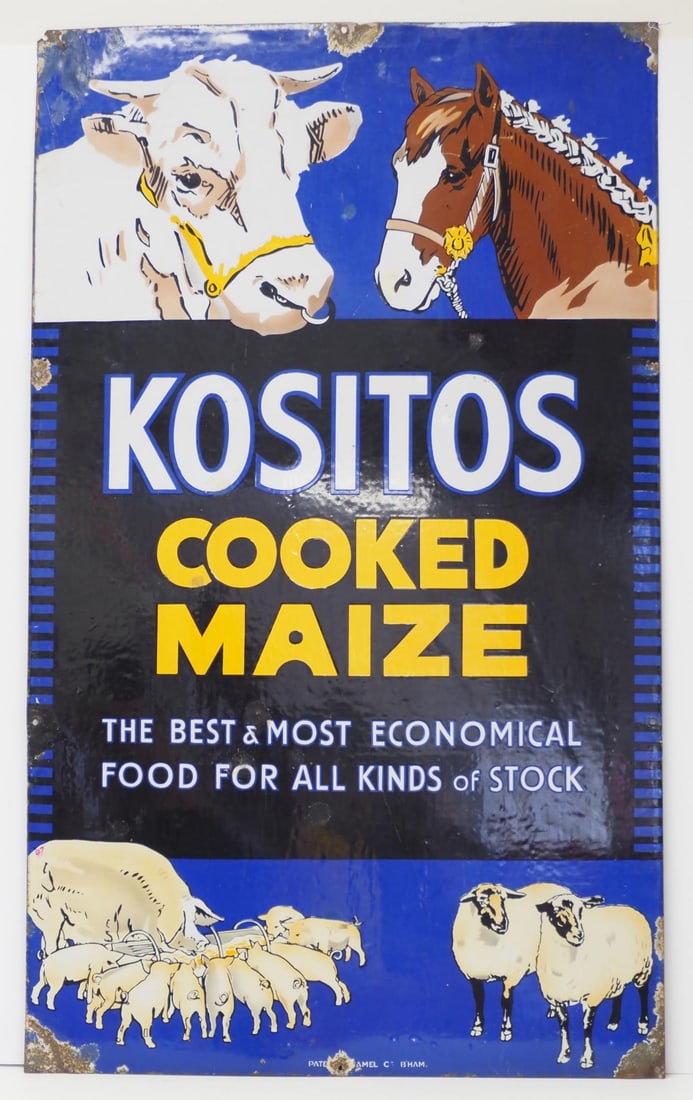 Kositos Cooked Maize livestock food sign: 30"x50" SSP Kositos Cooked Maize livestock food sign with great graphics of horse, cow, sheep, pigs, has TAC - Good with some porcelain chips Condition Good with some porcelain chips