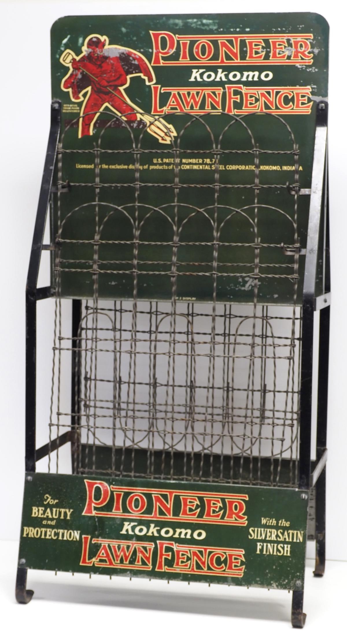 Pioneer Lawn Fence 2-sided tin wire fence display: Pioneer Lawn Fence 2-sided tin wire fence display from Kokomo, 22"W x 16"D x 46"H, WOW! - Great * * NOT ELIGIBLE FOR IN-HOUSE SHIPPING. Please contact the auction house for transport