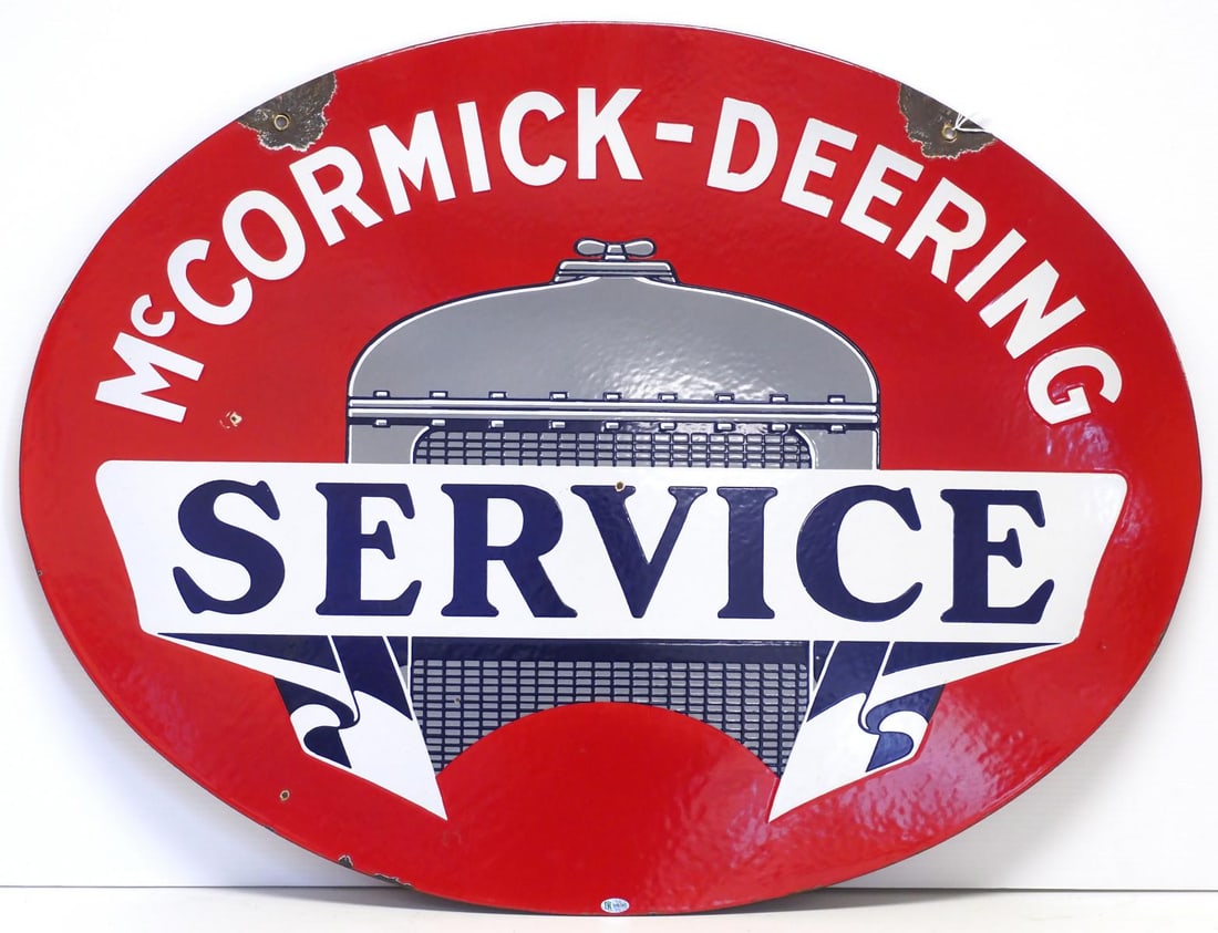 McCormick-Deering Service sign: 32"x24" DSP McCormick-Deering Service sign, marked Veribrite Chicago - Very Good, some porcelain chips Condition Very Good, some porcelain chips