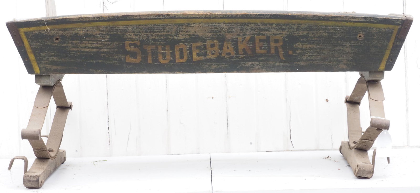 Studebaker box wagon seat: Studebaker box wagon seat with good paint and stenciling * * NOT ELIGIBLE FOR IN-HOUSE SHIPPING. Please contact the auction house for transport options and additional details. Items must be picked up 