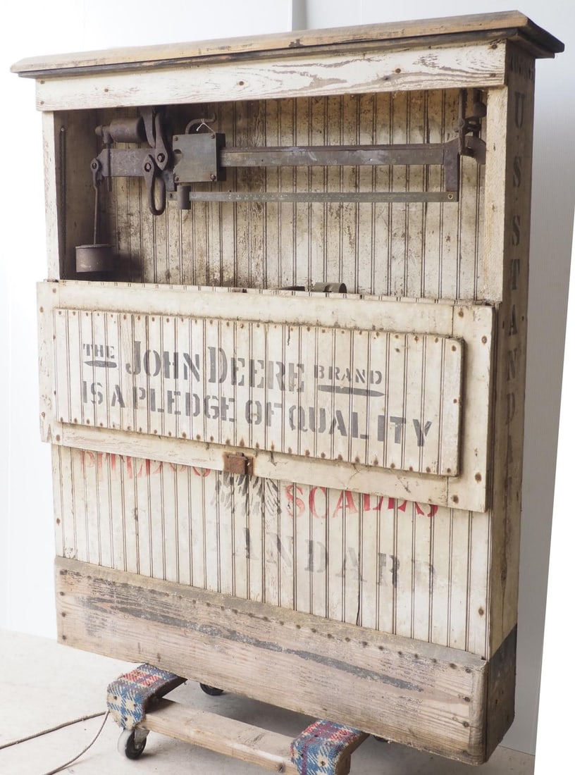 John Deere 'Reliance' Feed Mill Scales - WOW! RARE!: John Deere Plow Company "Reliance" Feed Mill Scales with good original paint and stenciling, 4'8"W x 5'H, WOW! RARE! - small piece cut out of bottom * * NOT ELIGIBLE FOR IN-HOUSE SHIPPING. Please cont