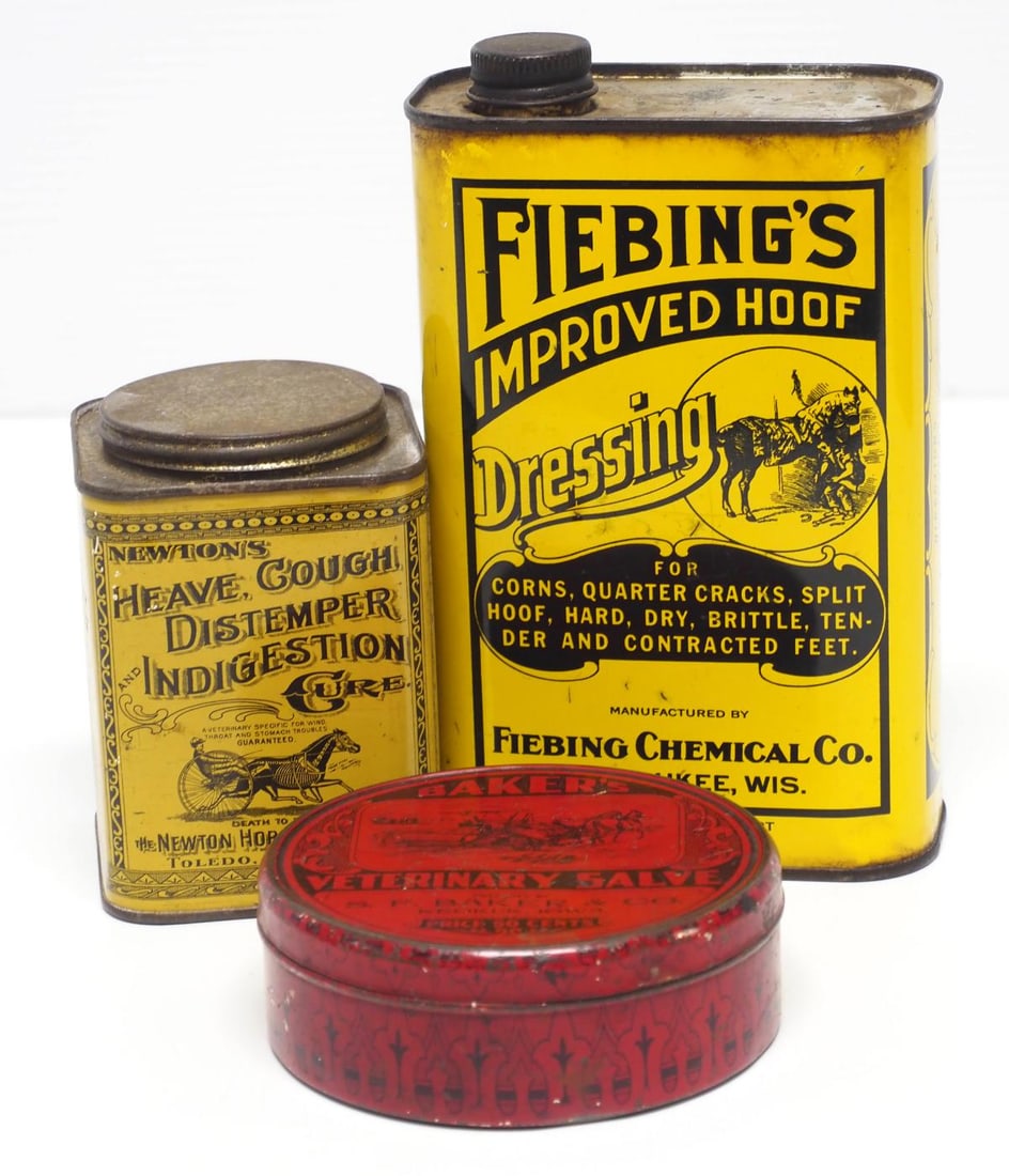 (3) Livestock tins: (3) Livestock tins: 1-qt Fiebing's Dressing / Newton's Distemper Cure / Baker's Veterinary Salve