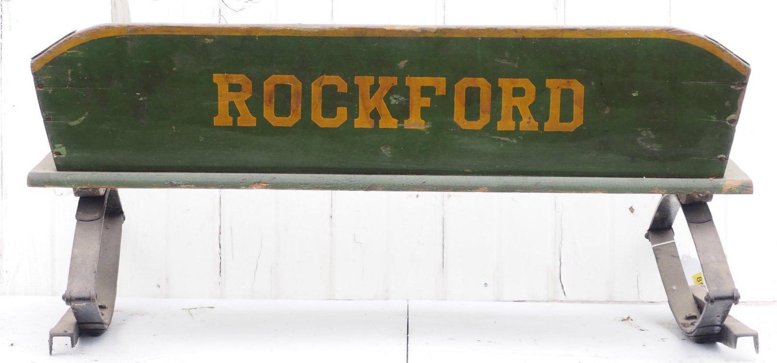 Rockford box wagon seat: Rockford box wagon seat with great paint and stenciling * * NOT ELIGIBLE FOR IN-HOUSE SHIPPING. Please contact the auction house for transport options and additional details. Items must be picked up