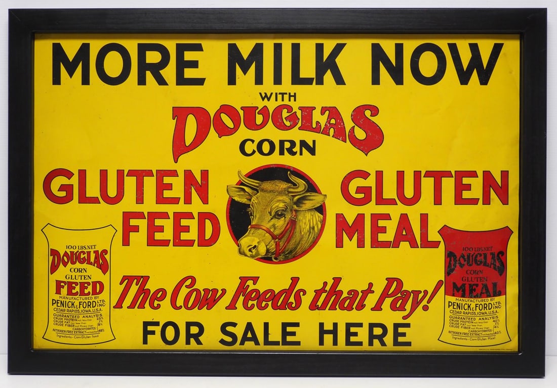 Framed Douglas Corn Gluten Meal sign, WOW!: Framed tin Douglas Corn Gluten Meal "More Milk Now" sign, WOW! Frame measures 37"x26" - Great Condition Great
