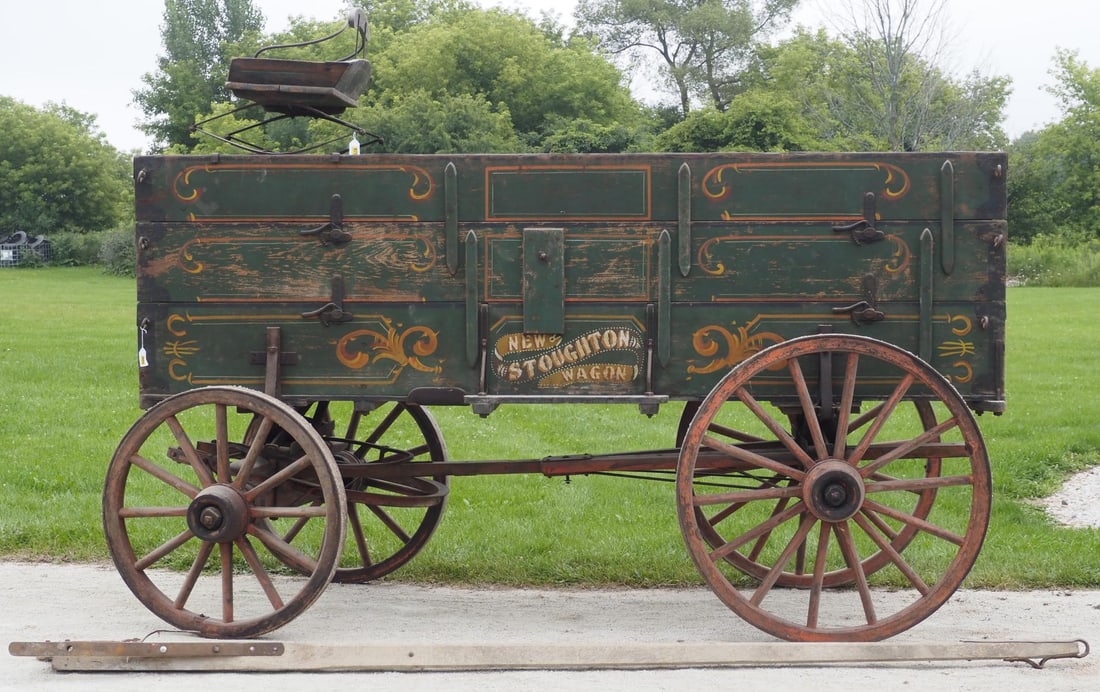 New Stoughton triple board box wagon: New Stoughton triple board box wagon with pole, gear marked Emerson Brantingham Co. Newton Wagon Works, very good paint and stenciling!!, rear wheels 44"dia., front wheels 38", 135"L overall (seat sel