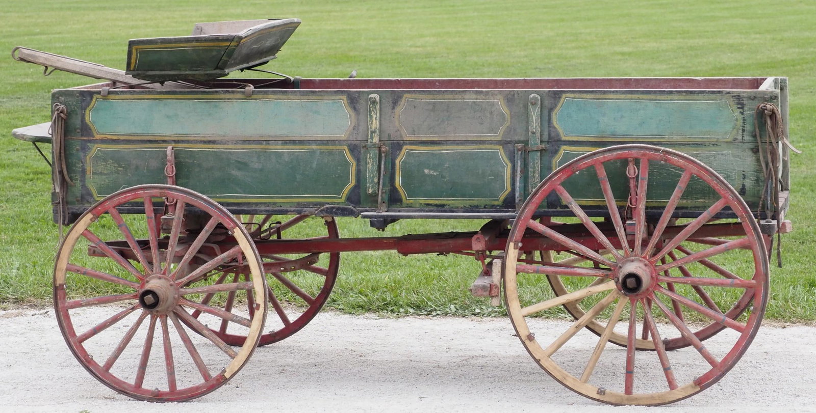 Pony size box wagon: Pony size box wagon with seat and pole, good original paint, measures 44"W x 86"L x 34"H without seat or pole - wagon wheels have repair * * NOT ELIGIBLE FOR IN-HOUSE SHIPPING. Please contact the auct