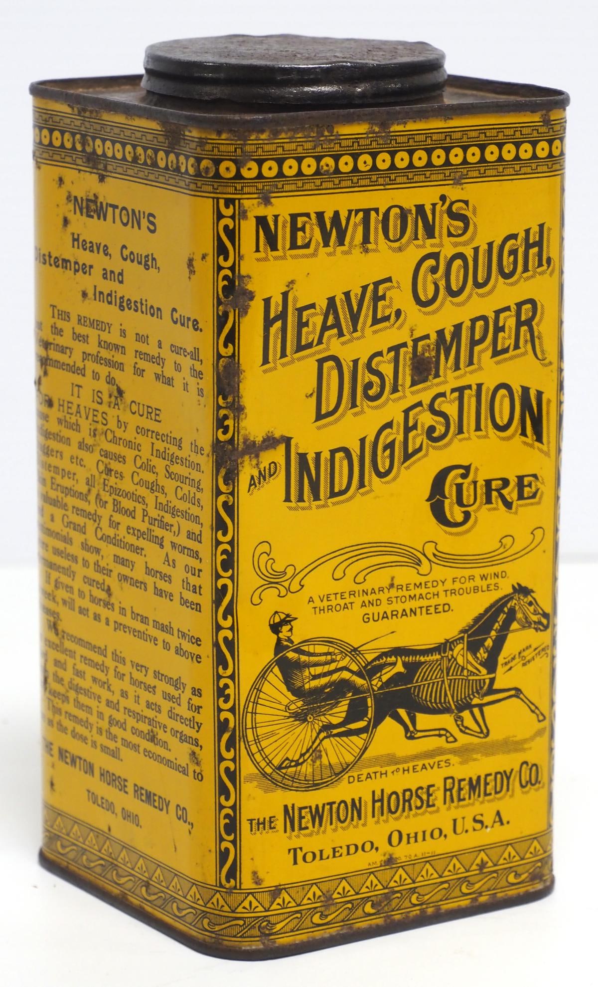 32-oz Newton's tin: 32-oz Newton's Heave, Cough, Distemper and Indigestion Cure tin, empty