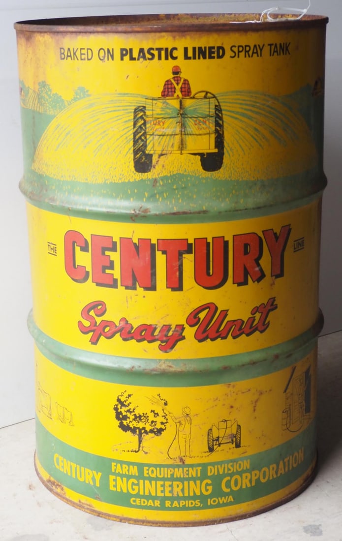 50-gallon barrel for Century Spray Unit: 50-gallon barrel for Century Spray Unit with good color and graphics * * NOT ELIGIBLE FOR IN-HOUSE SHIPPING. Please contact the auction house for transport options and additional details. Items must