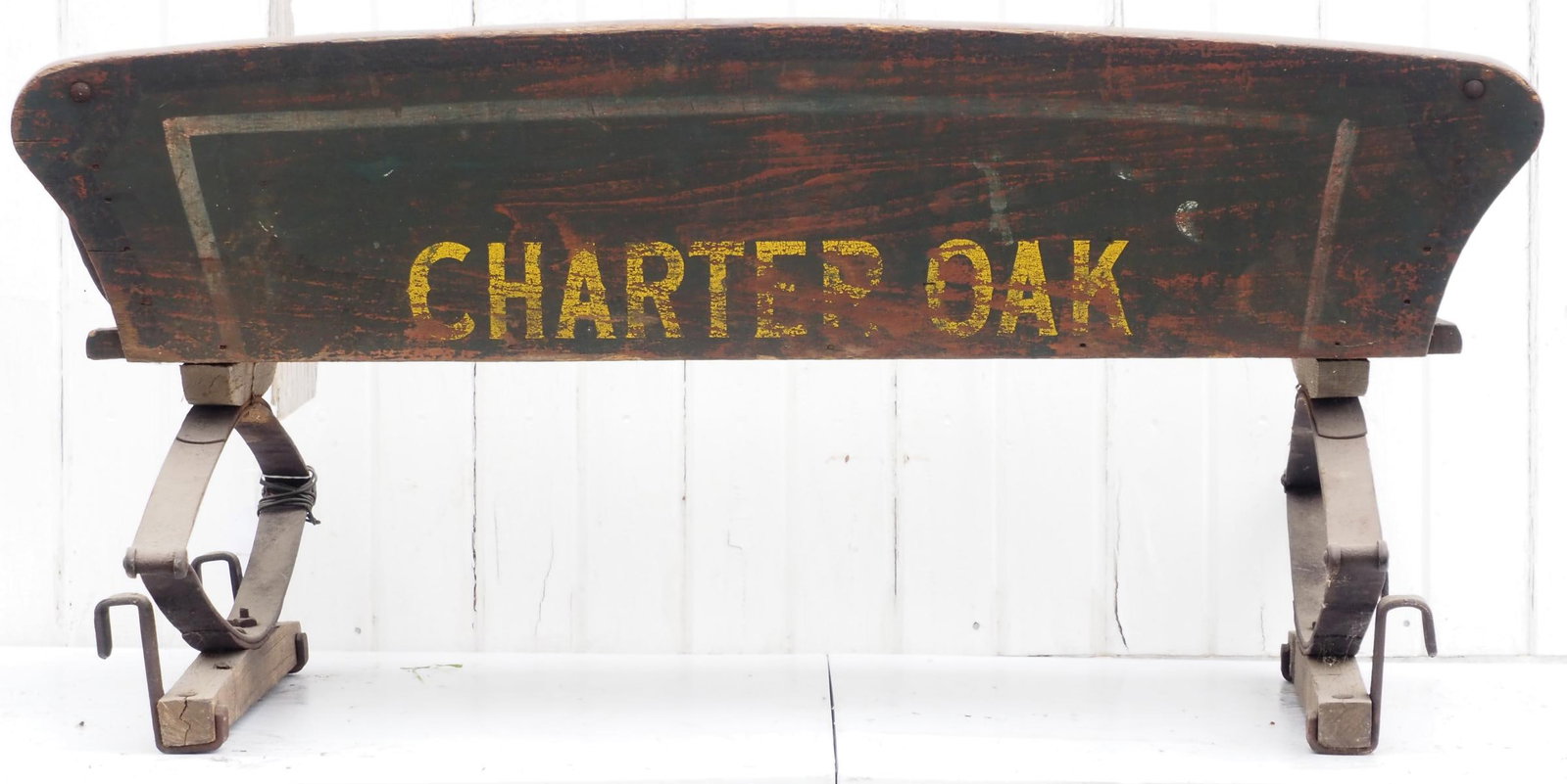 Charter Oak box wagon seat: Charter Oak box wagon seat with good paint and stenciling * * NOT ELIGIBLE FOR IN-HOUSE SHIPPING. Please contact the auction house for transport options and additional details. Items must be picked