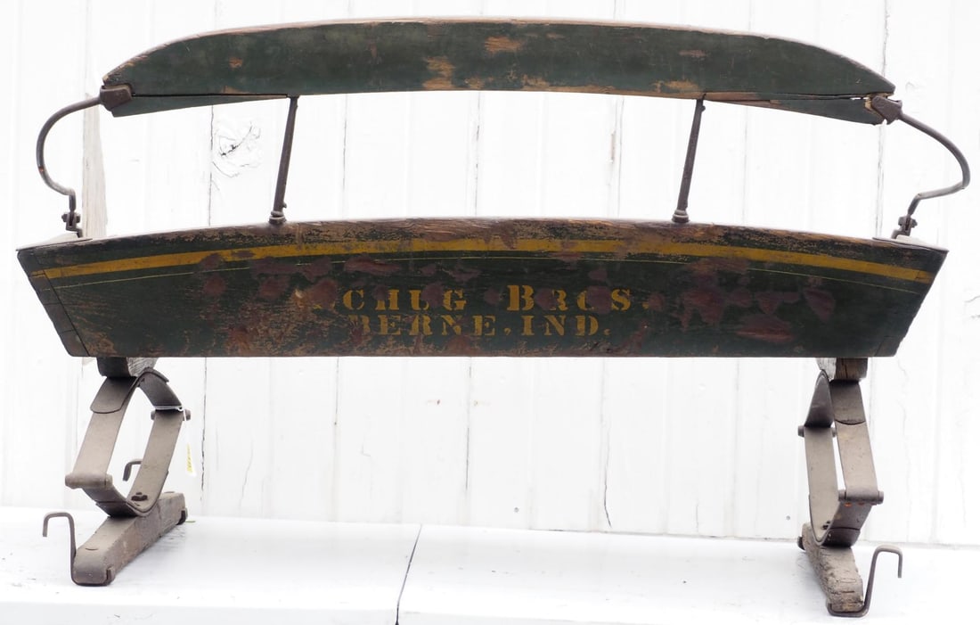 Schug Bros, Berne IND box wagon seat: Schug Bros, Berne IND box wagon seat with fair paint and stenciling * * NOT ELIGIBLE FOR IN-HOUSE SHIPPING. Please contact the auction house for transport options and additional details. Items must be