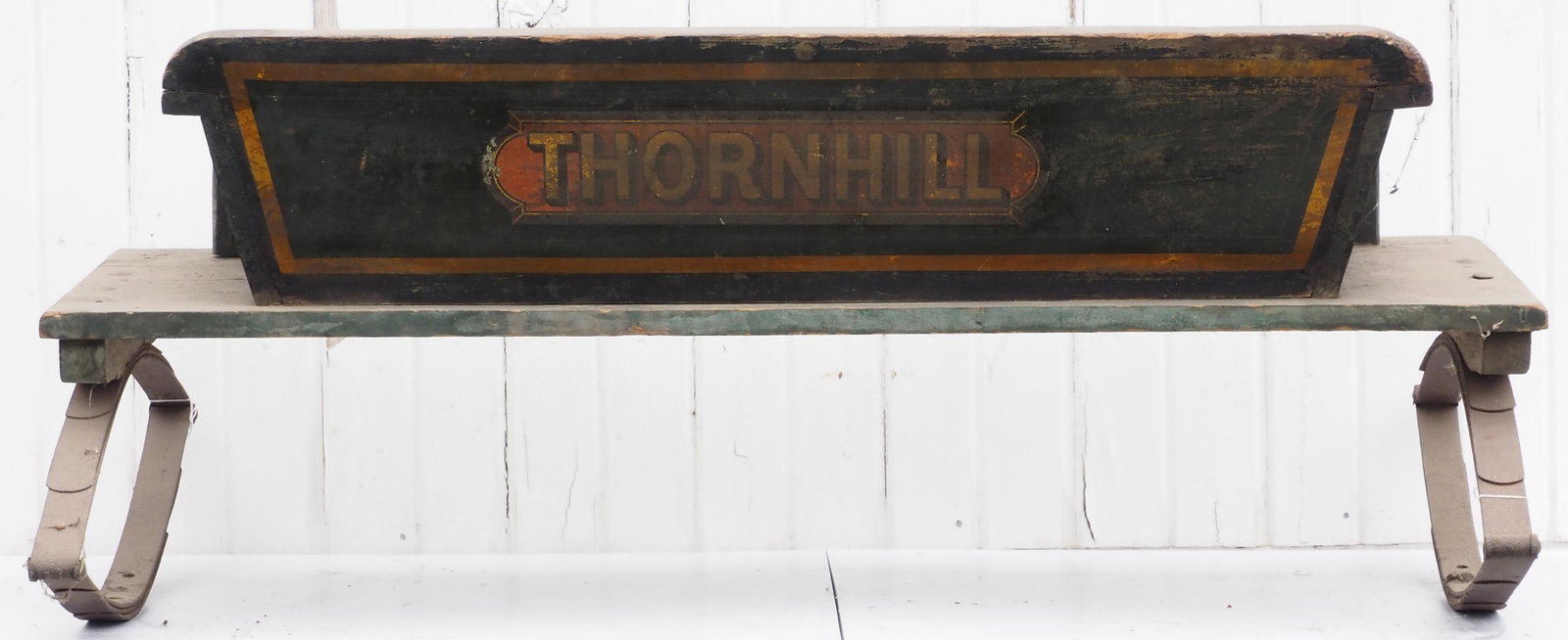 Thornhill box wagon seat: Thornhill box wagon seat with very good paint and stenciling * * NOT ELIGIBLE FOR IN-HOUSE SHIPPING. Please contact the auction house for transport options and additional details. Items must be