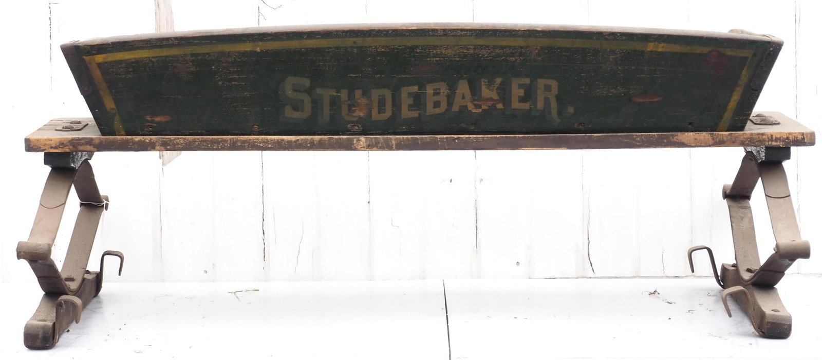 Studebaker box wagon seat: Studebaker box wagon seat with good paint and stenciling * * NOT ELIGIBLE FOR IN-HOUSE SHIPPING. Please contact the auction house for transport options and additional details. Items must be picked up 