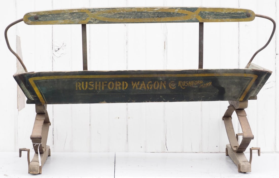 Rushford Wagon Co. box wagon seat: Rushford Wagon Co., Rushford, Minn box wagon seat - Very Good * * NOT ELIGIBLE FOR IN-HOUSE SHIPPING. Please contact the auction house for transport options and additional details. Items must be picke