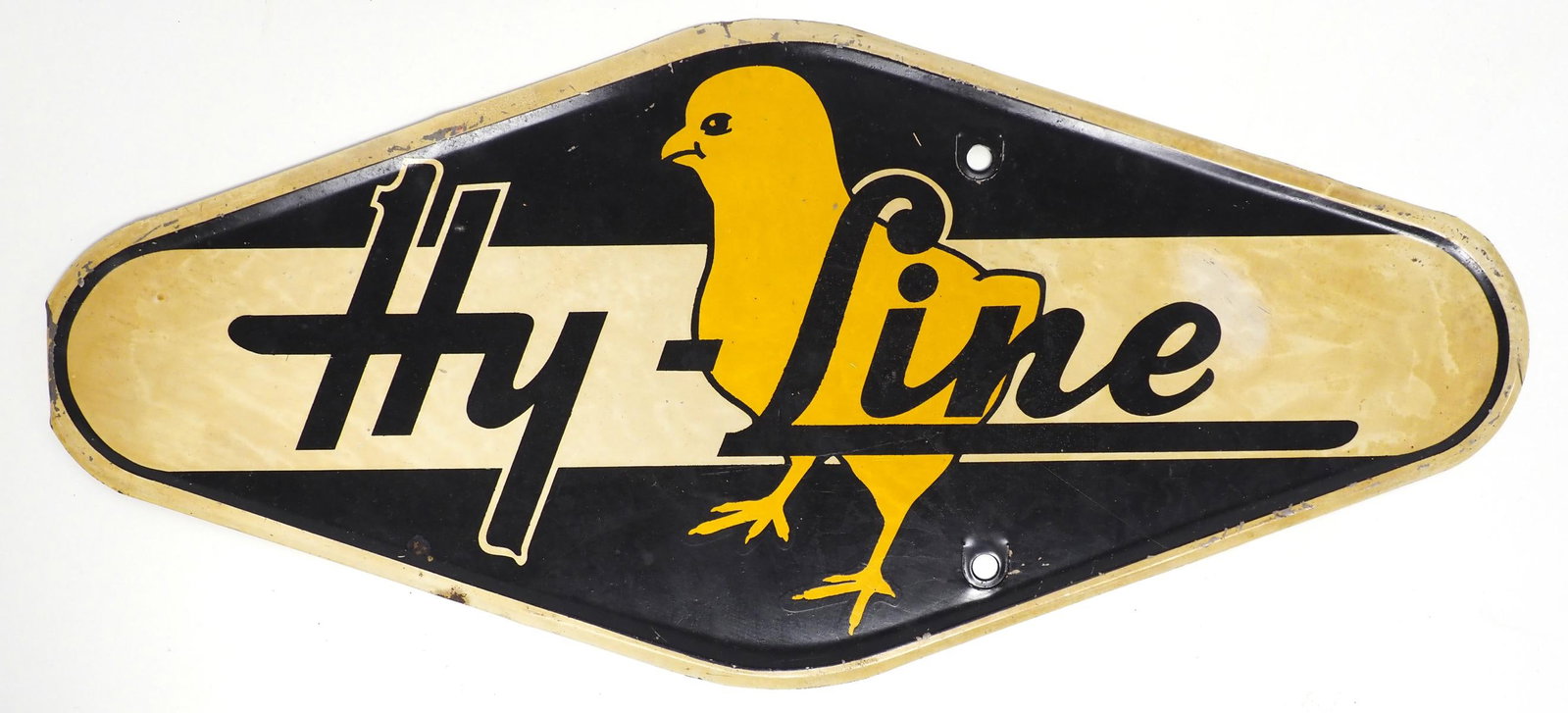 Hy-Line chick sign: 20.5"x9.5" SST Hy-Line chick sign - Minor paint loss, left edge folded Condition Minor paint loss, left edge folded