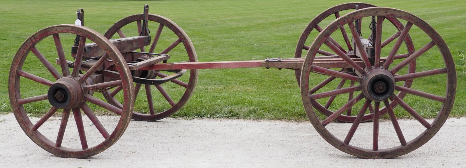 RARE Massey Harris box wagon gear: RARE Massey Harris box wagon gear for 40"W box, rear wheels 44"dia., front wheels 40"dia., 124"L overall * * NOT ELIGIBLE FOR IN-HOUSE SHIPPING. Please contact the auction house for transport options