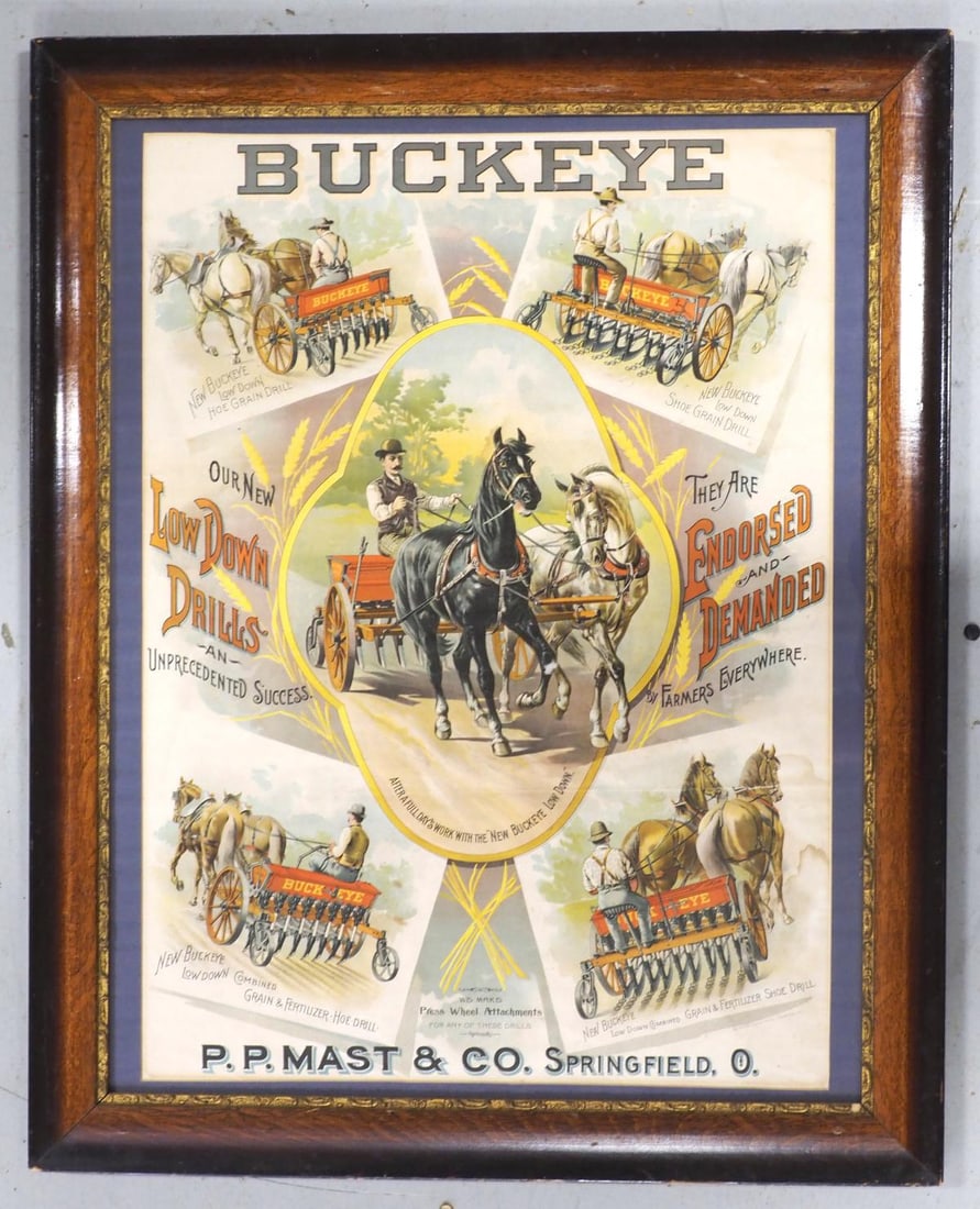 Framed Buckeye Drill paper litho: Framed Buckeye Drill paper litho with great color and graphics, marked The Winters Print & Litho Co., frame measures 28.5"x35.5" - some creases otherwise very good * * Many items are eligible for in-h