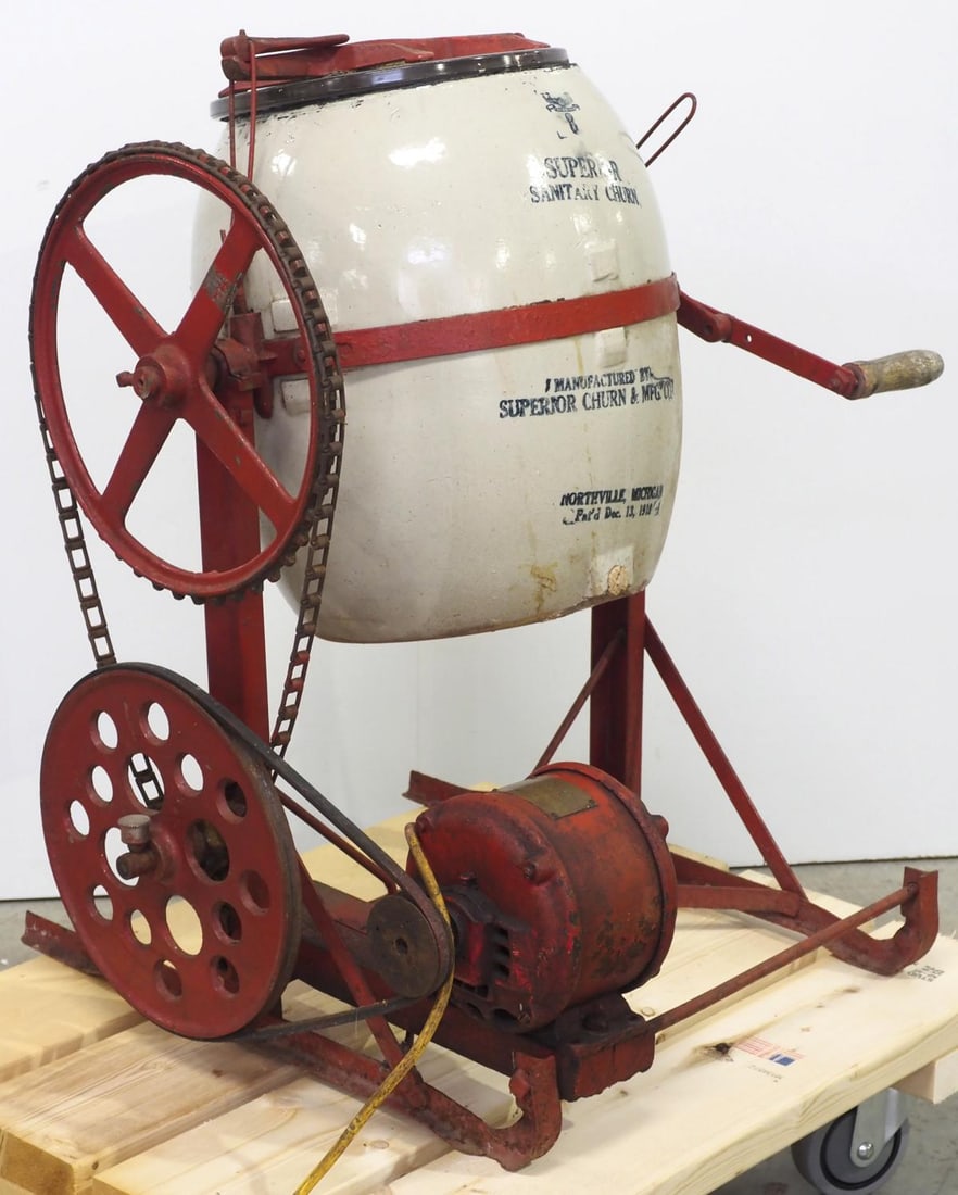 Superior Sanitary 8-gal stoneware butter churn: Superior Sanitary 8-gallon stoneware butter churn with glass top and Century 1/6 hp electric motor - Untested, glass top has crack * * Many items are eligible for in-house shipping. Oversized or fragi