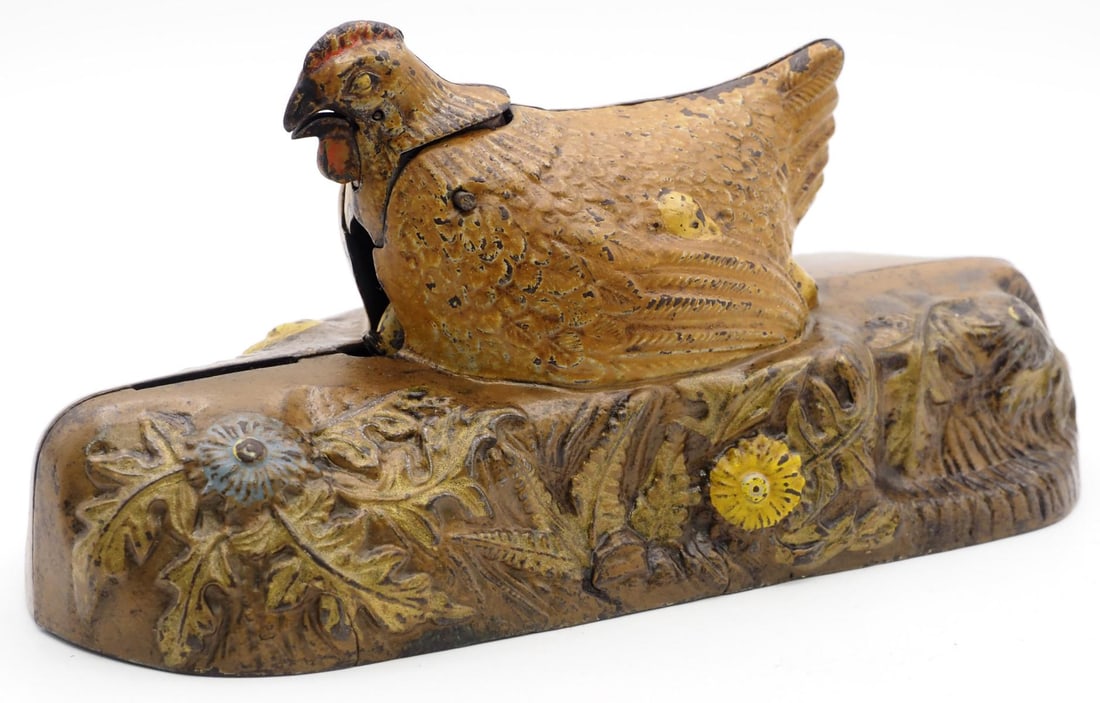 Hen and Chick' mechanical bank: J&E Stevens "Hen and Chick" cast iron mechanical bank with very good original paint - Great, works * * Many items are eligible for in-house shipping. Oversized or fragile items may require alternate s