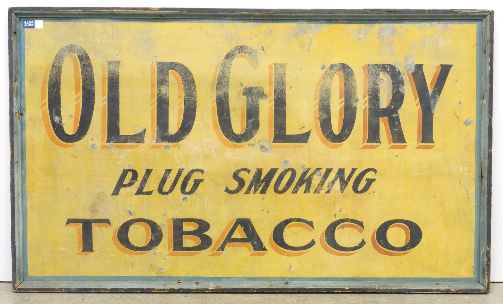 Old Glory Plug Smoking Tobacco sign: 62"x37" lithographed tin Old Glory Plug Smoking Tobacco sign in wood frame * * Many items are eligible for in-house shipping. Oversized or fragile items may require alternate shipping arrangements, wh