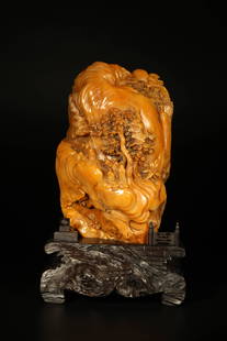 A TIANGHUANG STONE TABLE DISPLAY ORNAMENT ITEM: A TIANGHUANG STONE TABLE DISPLAY ORNAMENT ITEM. ATTRIBUTED TO SHI QING. H: 22cm W: 13cm WT: 3182g