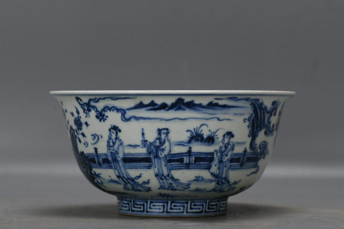 Attributed to Ming Dynasty Blue and White Figure Bowl: H:9.5cm W:20cm