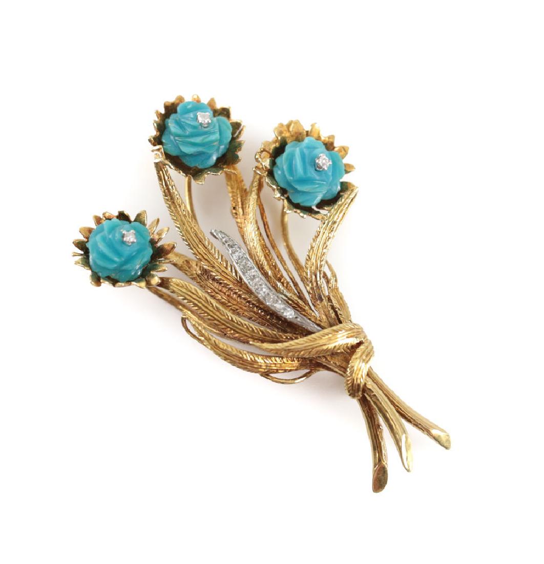 18k Gold Turquoise Diamond Floral Form Brooch (1 of 4)