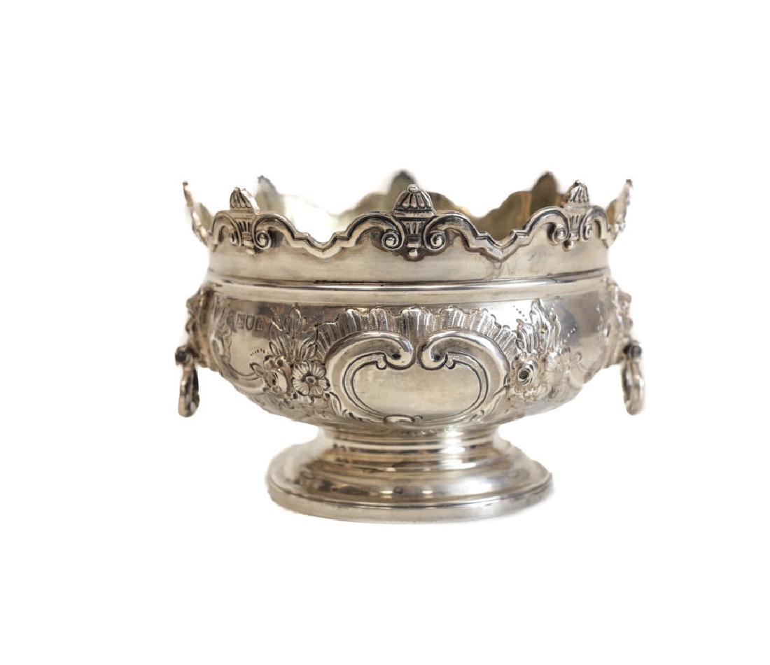 Charles Stuart Harris Sterling Silver Presentation Bowl: Charles Stuart Harris London sterling silver double handled footed presentation bowl, 1903. Beautiful hand chased florals and foliate scrolls throughout with lion head handles. Inscribed “To Mr. & M