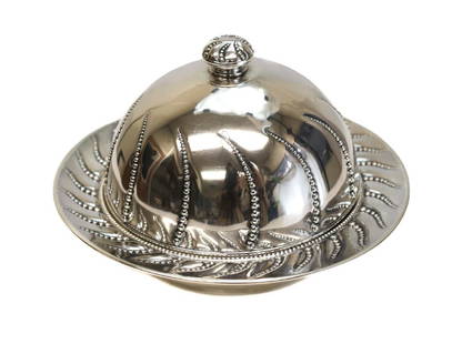 Gorham Sterling Silver Covered Butter Churn Dish #623: Gorham sterling silver covered butter churn dish #62, 1888. Beaded pearling swirl designs throughout the dish. Marked Gorham to the underside base. Weight: 12 ozt Measures., 7 inch diameter x 4.75 inc