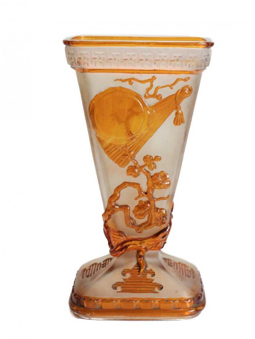 Baccarat Chinoiserie "Peking Glass" Vase: An unusual molded and acid etched vase by Baccarat with a frosted clear base and amber overlaid decoration depicting a prunus tree, one side including a fan. With molded BACCARAT signature to undersid