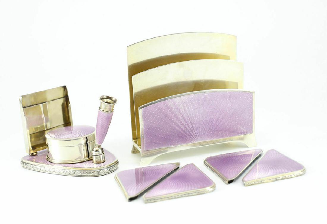 Gold Plated Sterling Silver Enameled Desk Set c1900: 1900 Gilt Silver and Amethyst Wrought Enamel Desk Set. The set includes; Letter holder, blotting paper corners, dispenser holder / Stamp / Notepad pen holder. With the branded and branded Sterling man