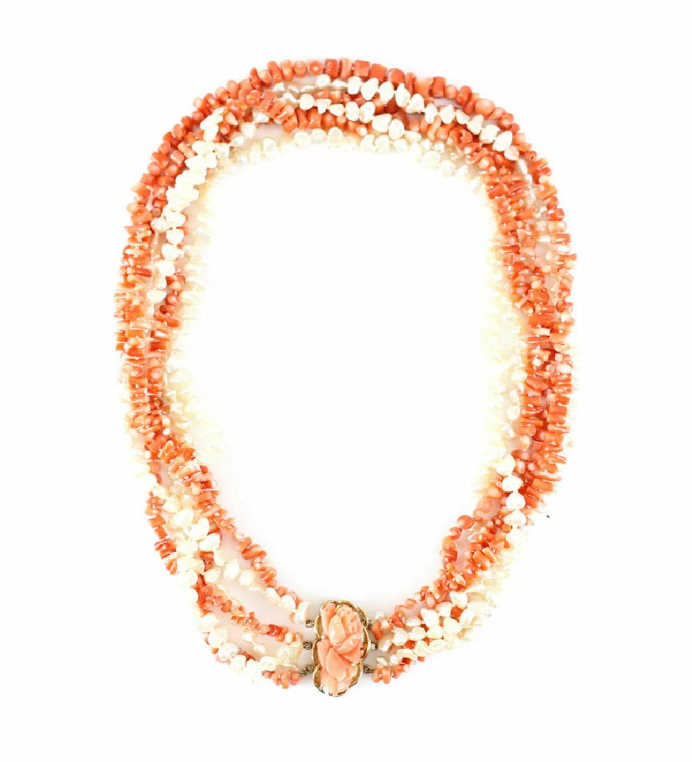 14k Gold Coral & Pearl Multi Strand Necklace, c1970 (1 of 5)