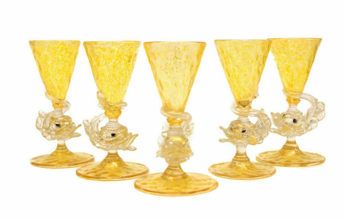5 Venetian Artistic Color Amber Glass Cordial Wine: 5 Venetian art amber glass cordial wine glasses, circa 1950. Figurative dolphins on the stem. Attributed to Salviati. Weight about 2 pounds Measure approximately, 2.5 inches diameter x 4.1 inches heig