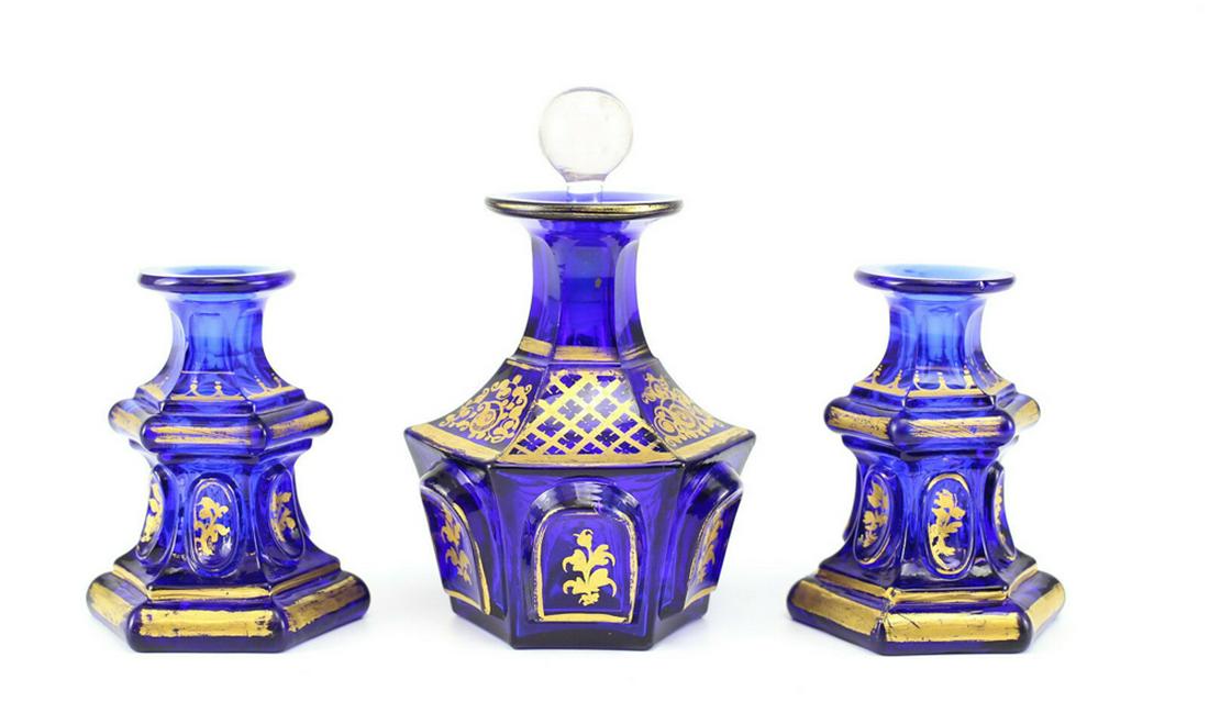 3 Bohemian Hand Painted Blue Art Glass Perfume Bottles (1 of 4)