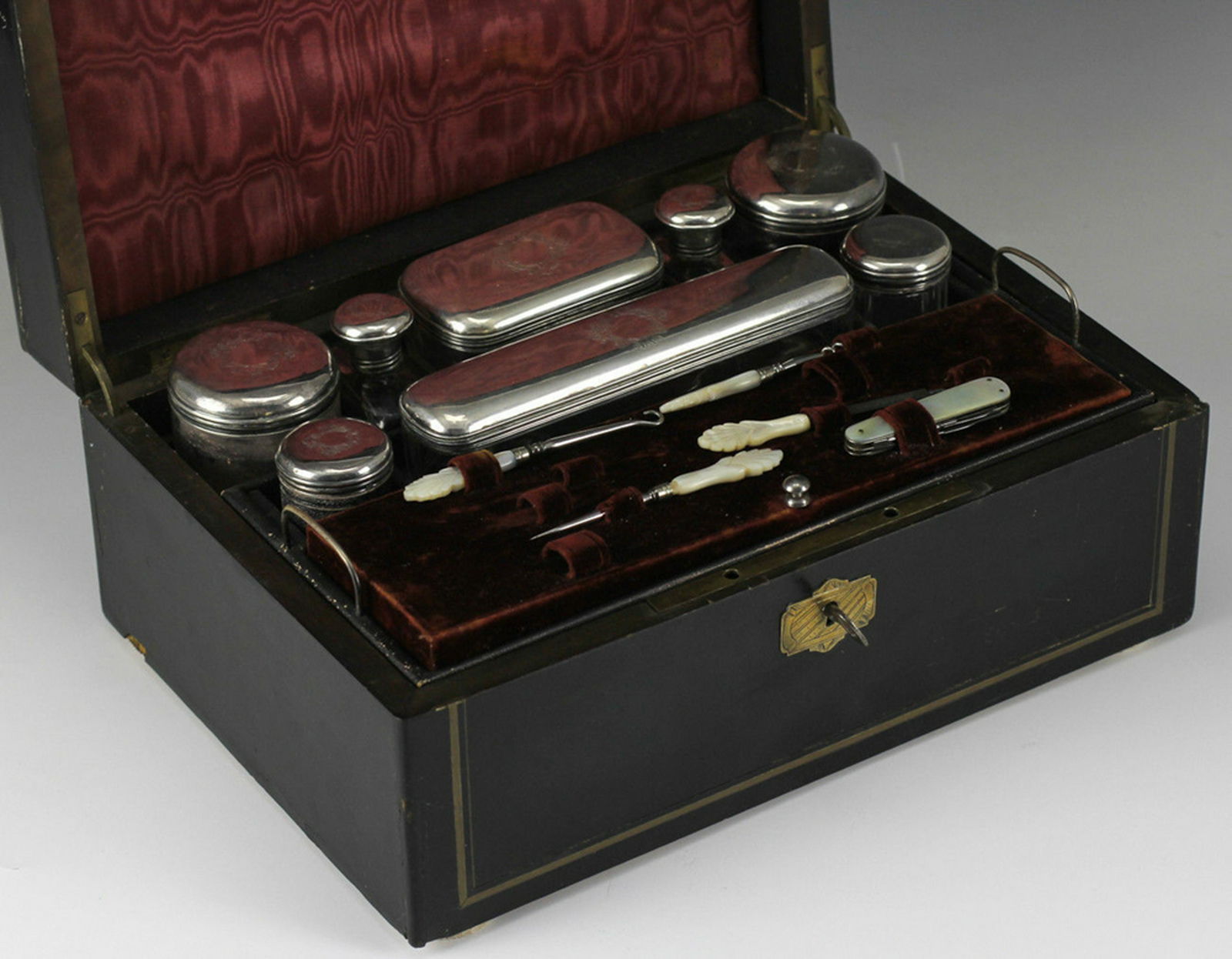 19th C Dressing Box Sterling Silver Glass Travel Case (1 of 8)