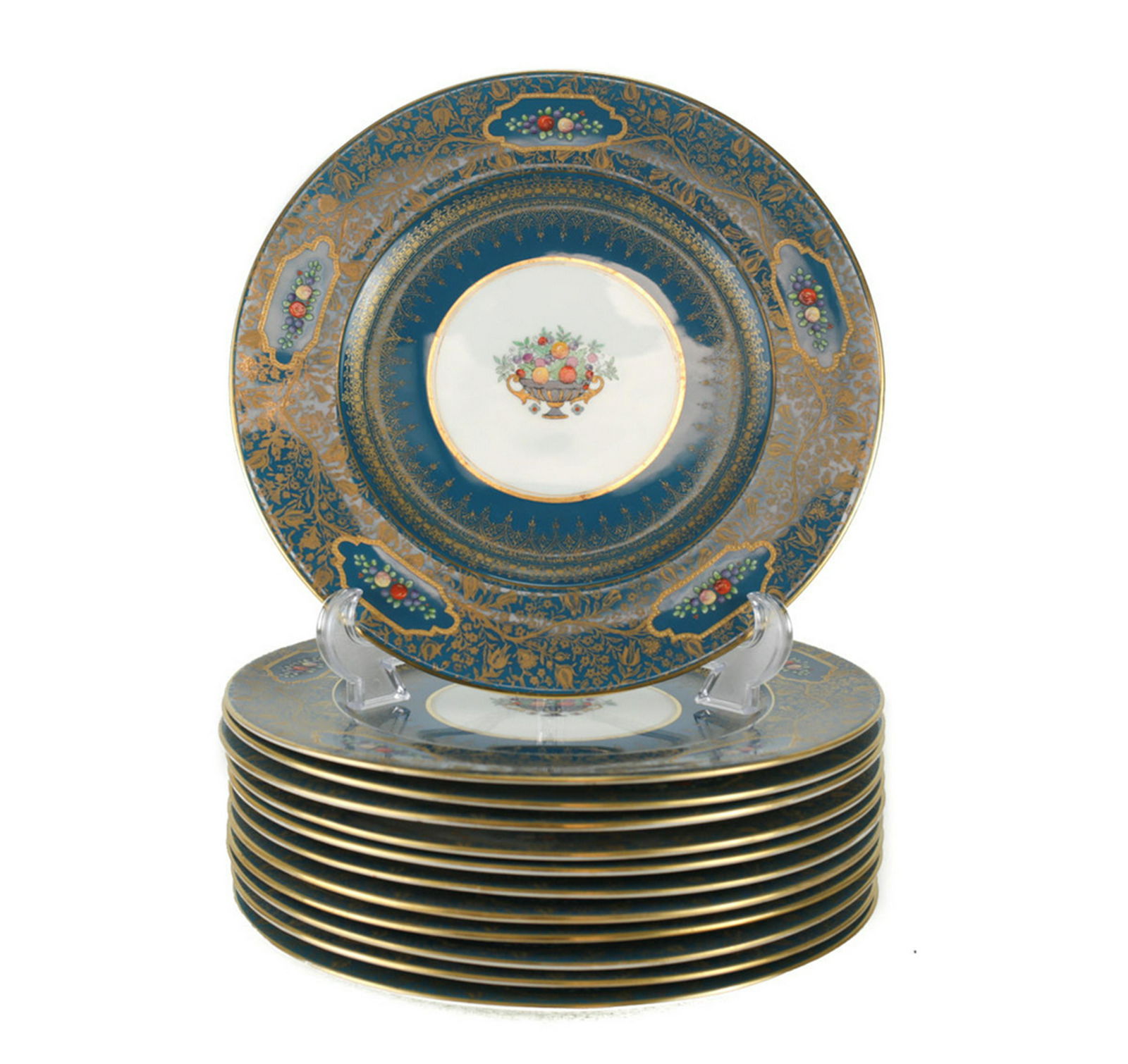 12 George Jones Crescent China Enamel Jeweled Plates: 12 George Jones Crescent China enamel and gilt jeweled dinner plates, c.1900. A dark teal ground to the rim of the plates with intricately hand painted gilt jeweled and leaf accents throughout. The ce