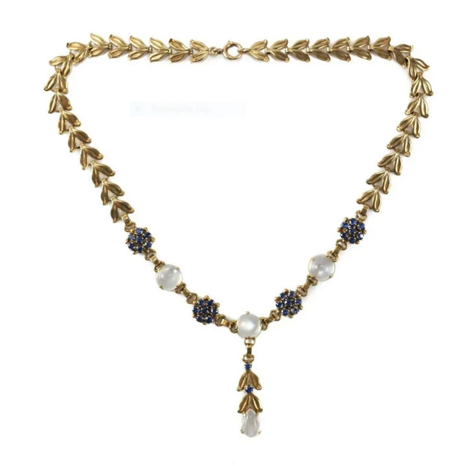 Retro Mid Century Tiffany & Co 14 Karat Yellow Gold: Retro Mid Century Tiffany & Co. 14 karat yellow gold moonstone & sapphire necklace choker. The fine leaf form linked necklace has 4 (3 round cut & one teardrop) cabochon moonstones with 30 round cut s