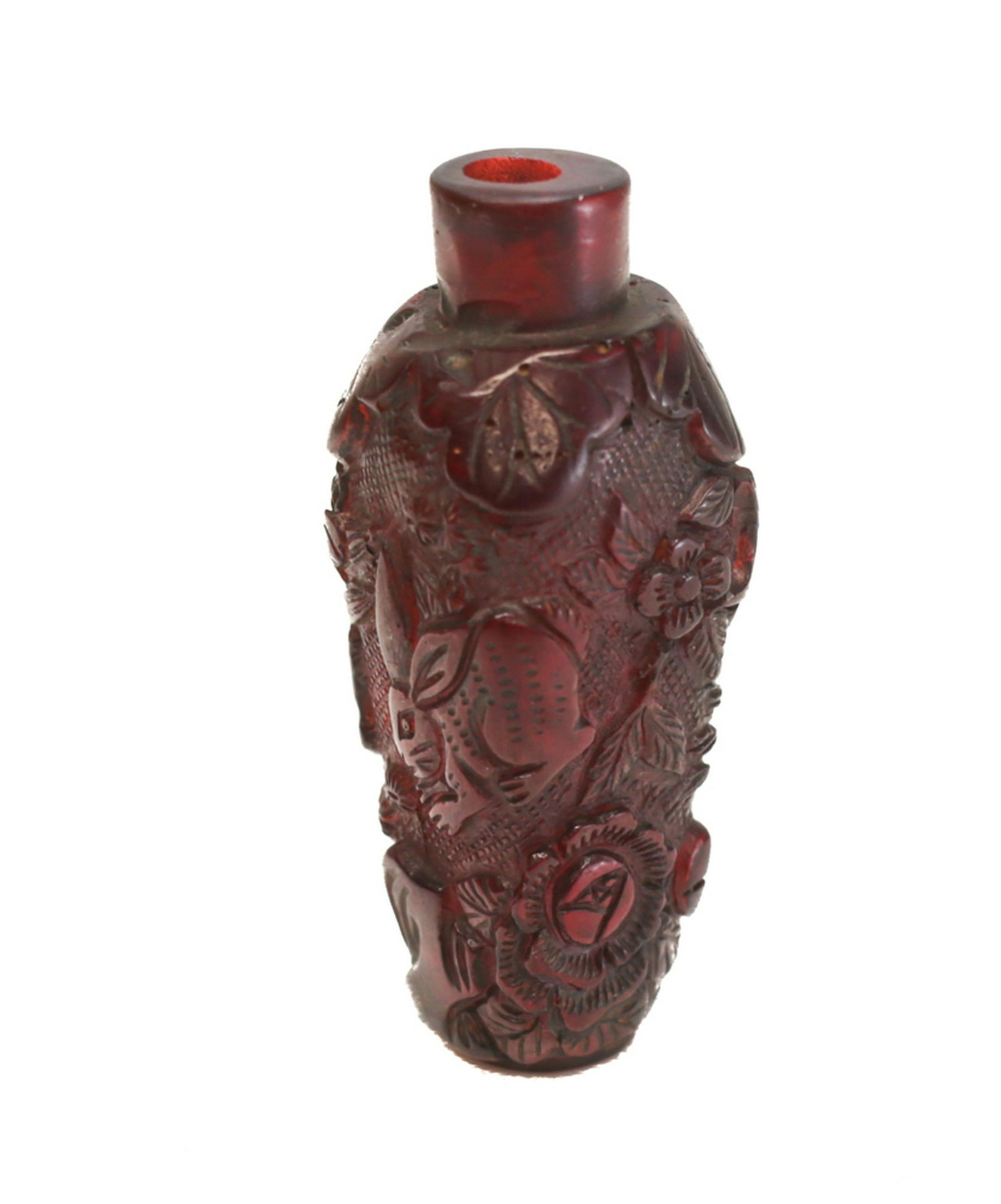 Chinese Cherry Amber Cut Glass Snuff Bottle, Rabbits & (1 of 4)