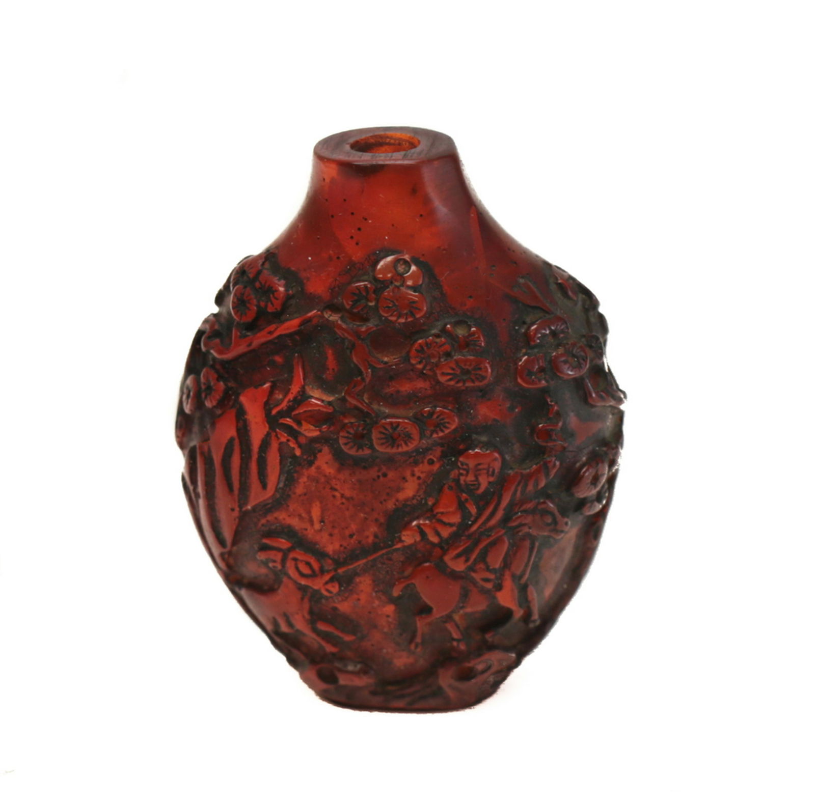 Chinese Cherry Amber Cut Glass Snuff Bottle, Figures (1 of 3)
